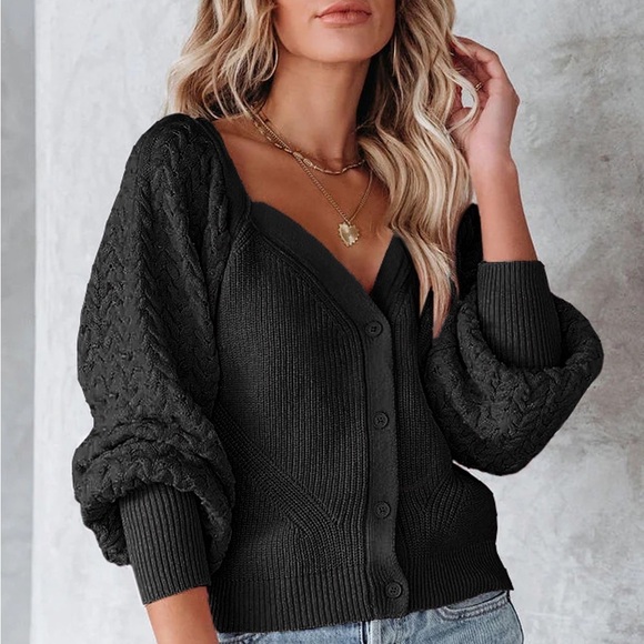 Black Puff Sleeve V Neck Sweater. - Picture 2 of 3